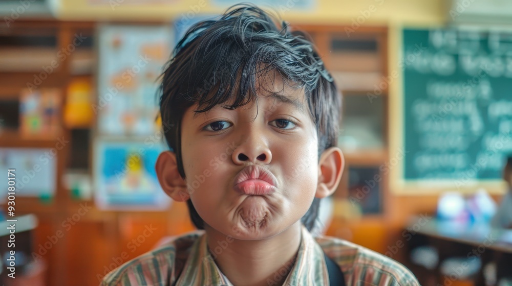 A young boy pouts playfully in a vibrant classroom filled with colorful decorations during a sunny afternoon A young boy pouts playfully in a vibrant classroom filled with colorful decorations during a sunny afternoon