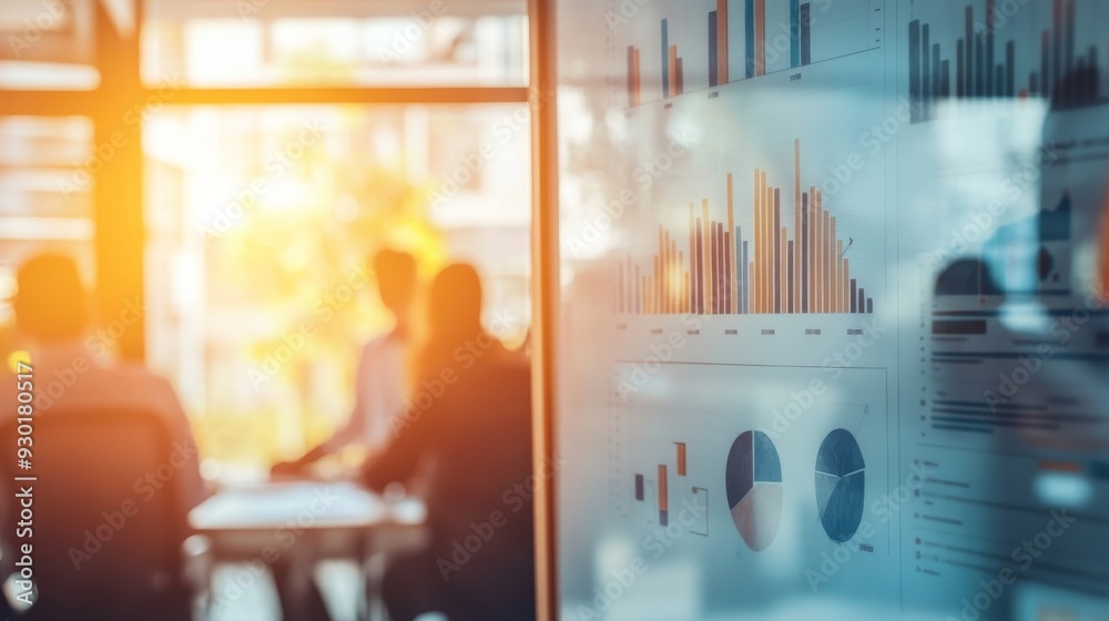 A business team discusses performance metrics while reviewing charts and graphs in a contemporary office environment with morning light A business team discusses performance metrics while reviewing charts and graphs in a contemporary office environment with morning light