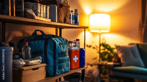 A family room with an emergency preparedness setup, warm lighting from a lamp highlighting a stocked emergency kit on a shelf, detailed view of first aid supplies, water, and a portable phone
