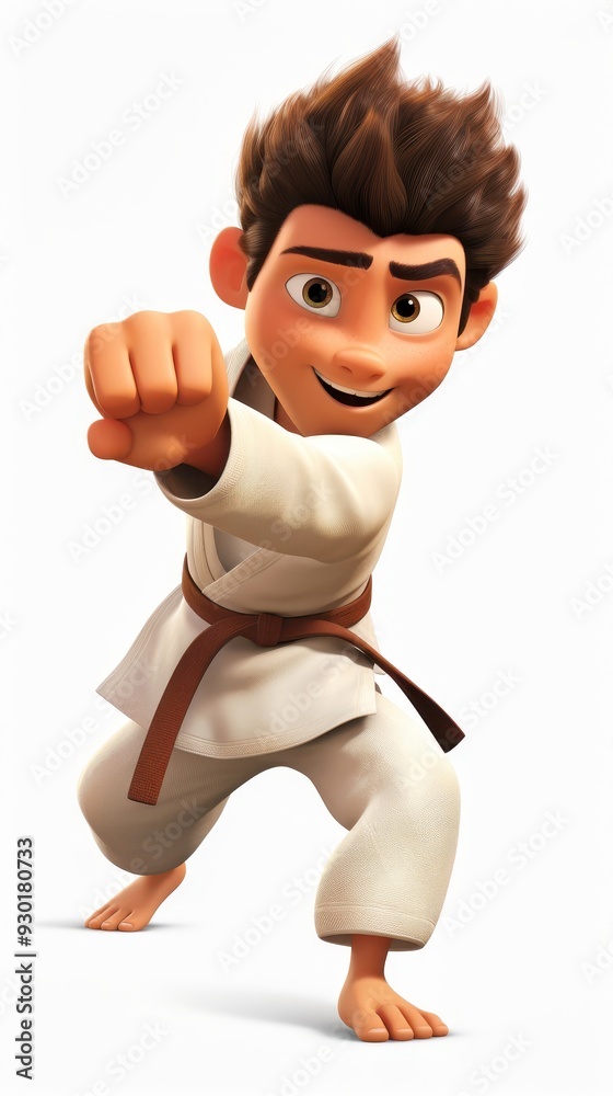 A young karateka demonstrating a powerful stance in a crisp white gi, showcasing focus and determination in an animated style A young karateka demonstrating a powerful stance in a crisp white gi, showcasing focus and determination in an animated style