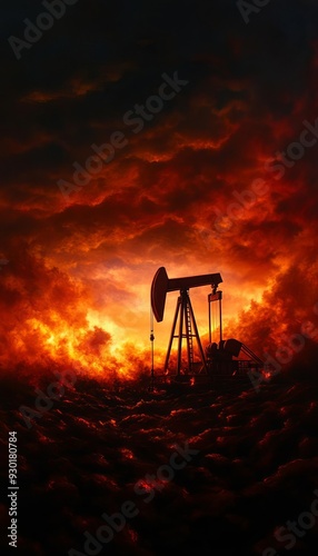 A dramatic oil pump silhouette against a fiery sunset, symbolizing energy extraction and environmental impact.