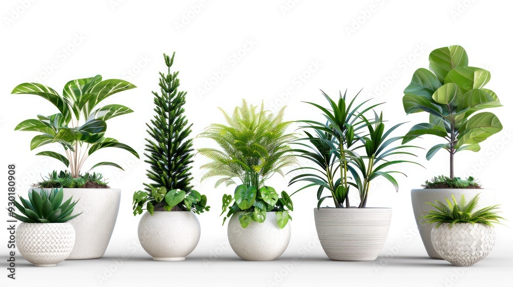 Fototapeta premium Collection of ornamental plants in white pots, isolated on a transparent background. PNG,