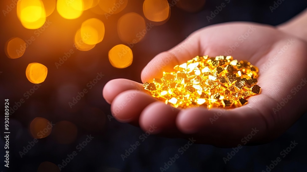A hand holding shimmering golden gems, symbolizing wealth and abundance with a warm glowing background. A hand holding shimmering golden gems, symbolizing wealth and abundance with a warm glowing background.