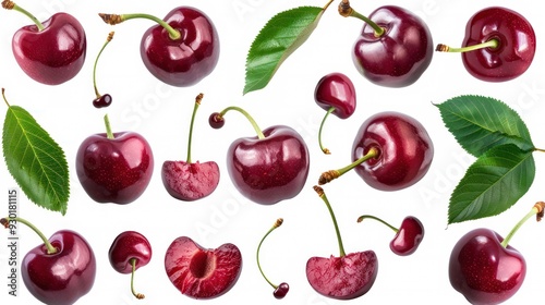 Collection of whole, ripe red cherries with leaves, isolated on a transparent background