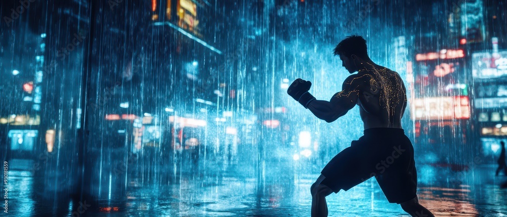 A lone kickboxer training in a cyberpunk city, sakyan tattoos glowing, misty rain, deep shadows, cinematic style