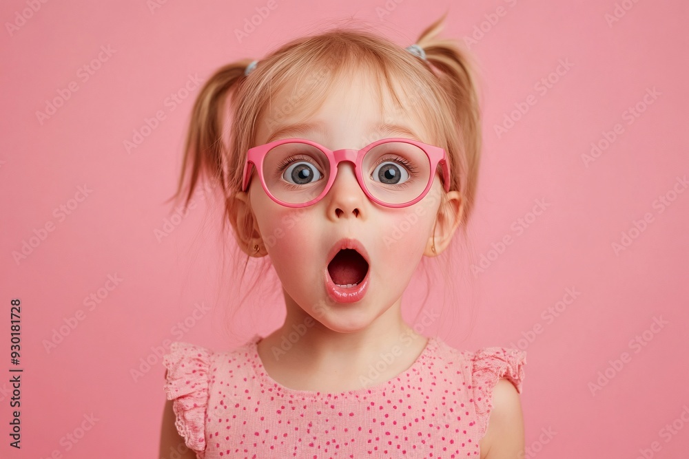 Surprised Young Girl with Pink Glasses on a Matching Pink Background Surprised Young Girl with Pink Glasses on a Matching Pink Background