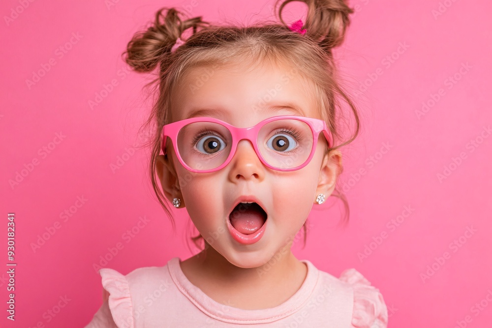 Surprised Young Girl with Pink Glasses on a Matching Pink Background Surprised Young Girl with Pink Glasses on a Matching Pink Background
