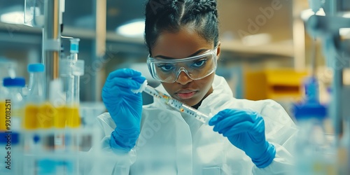An ultra-realistic, editorial photo capturing a candid moment of an African American female pharmaceutical lab specialist analyzing medicine vials and hospital patient samples. The image also features