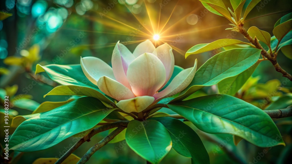 Softly glowing petals of a magnolia flower unfold against a backdrop of vibrant green leaves, illuminated by warm, gentle sunlight filtering through the surrounding foliage. Softly glowing petals of a magnolia flower unfold against a backdrop of vibrant green leaves, illuminated by warm, gentle sunlight filtering through the surrounding foliage.