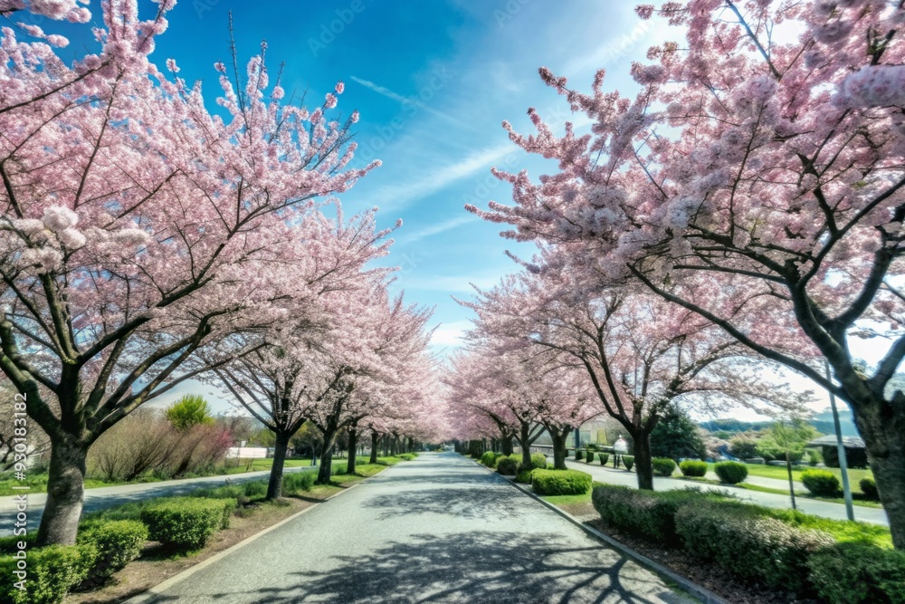 Serene garden walkway lined with vibrant pink cherry blossoms, full blooming branch tree forms stunning background, set against clear blue sky on sunny spring day. Serene garden walkway lined with vibrant pink cherry blossoms, full blooming branch tree forms stunning background, set against clear blue sky on sunny spring day.