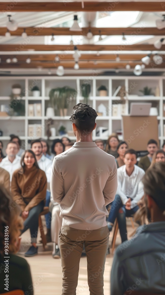 Fototapeta premium Engaging workshop in a cozy venue with participants focused on speaker at a leadership event