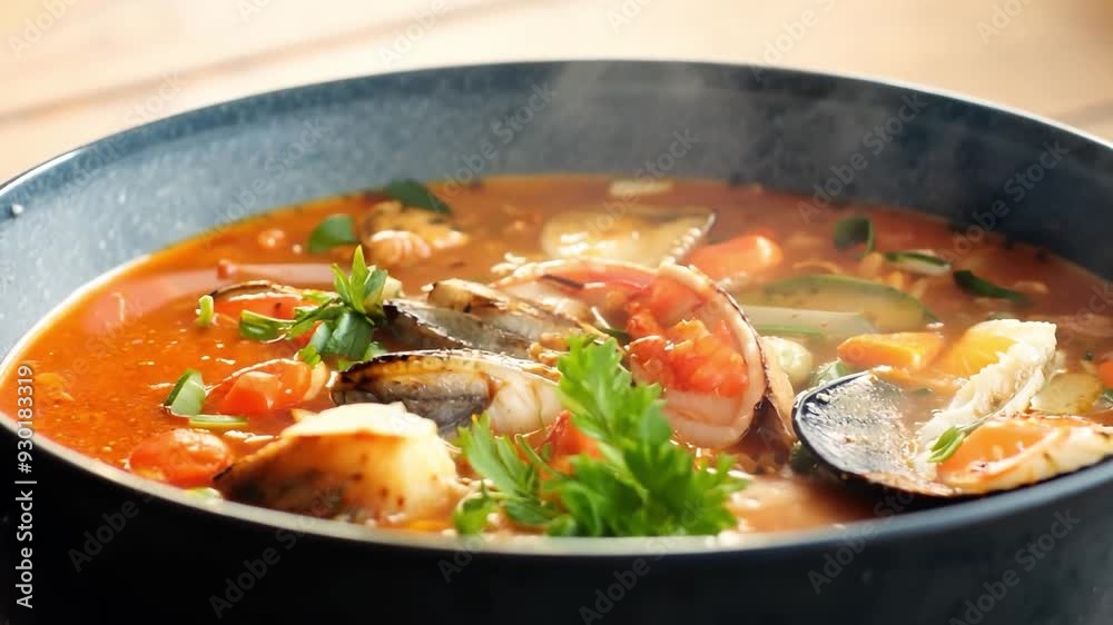 Enhancing seafood tomato stew with fresh herbs in pan Enhancing seafood tomato stew with fresh herbs in pan