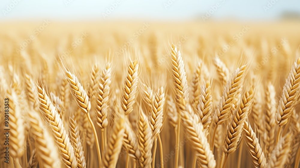 Golden wheat field ready for harvest under a clear blue sky. Nature's bounty captured in a serene agricultural landscape. Golden wheat field ready for harvest under a clear blue sky. Nature's bounty captured in a serene agricultural landscape.