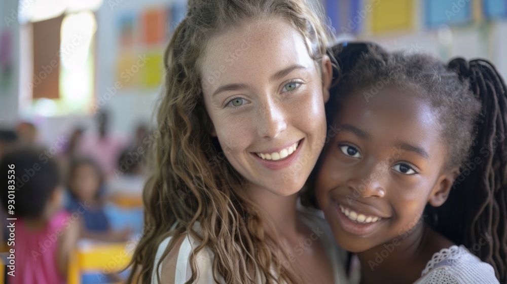 A cheerful teacher helps a happy student in a colorful classroom full of children during an afternoon learning activity A cheerful teacher helps a happy student in a colorful classroom full of children during an afternoon learning activity