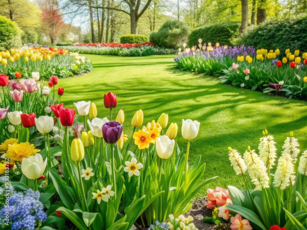 Vibrant spring garden with lush green lawn showcasing a kaleidoscope of blooming flowers in the mixborder, featuring tulips, daffodils, hyacinths, and more. Vibrant spring garden with lush green lawn showcasing a kaleidoscope of blooming flowers in the mixborder, featuring tulips, daffodils, hyacinths, and more.