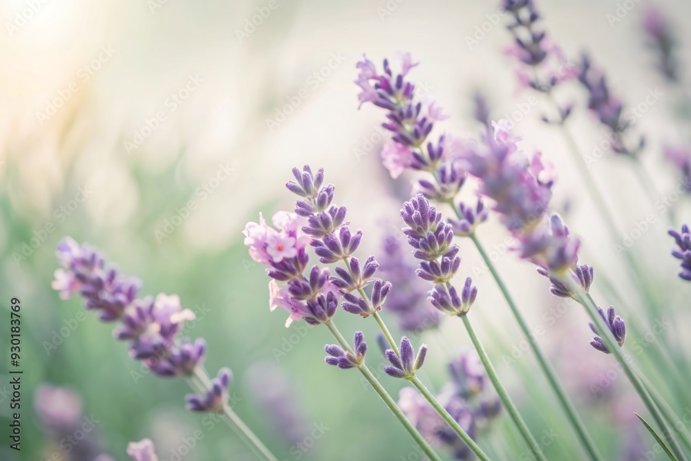 Obraz premium Delicate purple petals of a single lavender sprig gently sway against a crisp white background, exuding a sense of serenity and calming simplicity.