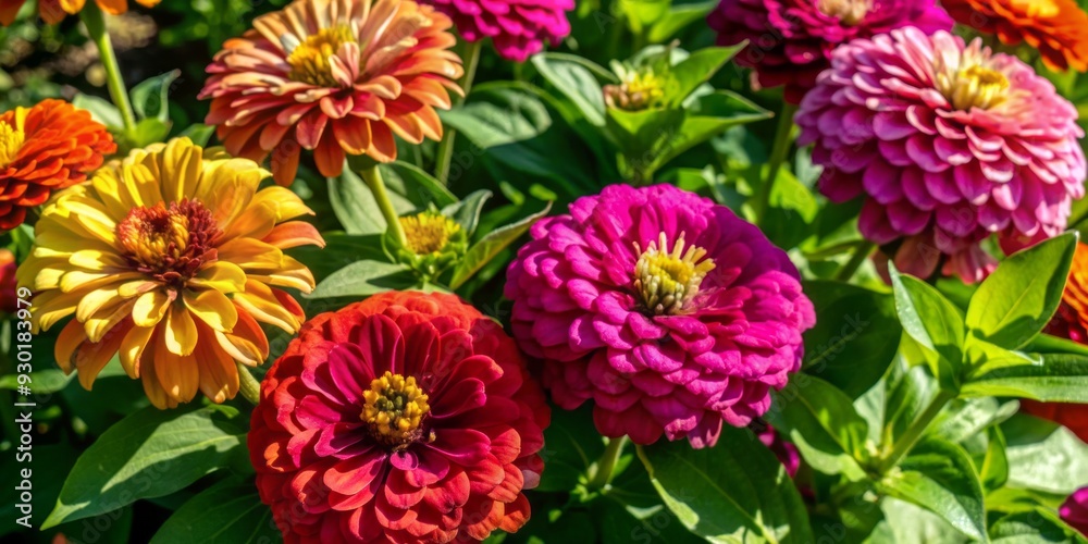 Vibrant zinnia flowers bloom in shades of pink, orange, and yellow in a lush garden bed, surrounded by lush green foliage on a sunny September day.