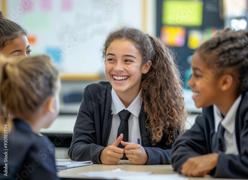 Diverse group of students in school uniforms enjoying a lively conversation in a classroom. The bright, natural lighting emphasizes their joyful expressions, creating a warm and inclusive atmosphere