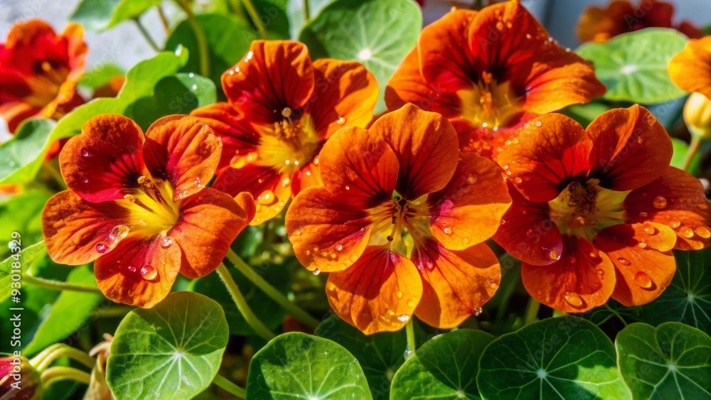 custom made wallpaper toronto digitalVibrant orange nasturtium flowers with delicate pedals and yellow centers sparkle with tiny water droplets, illuminated by soft natural light on a white background.