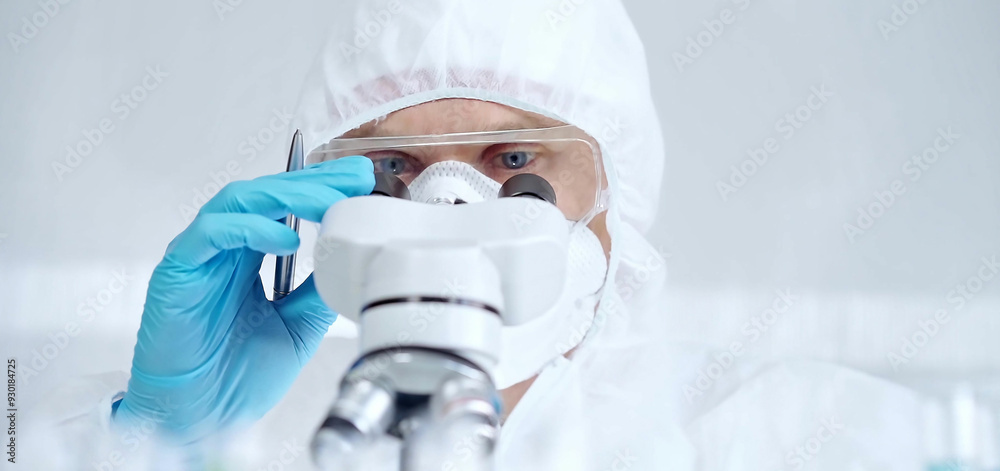 Professional scientist in protective gear is using microscope in a laboratory setting, close-up of researcher. Science and medicine concepts Professional scientist in protective gear is using microscope in a laboratory setting, close-up of researcher. Science and medicine concepts