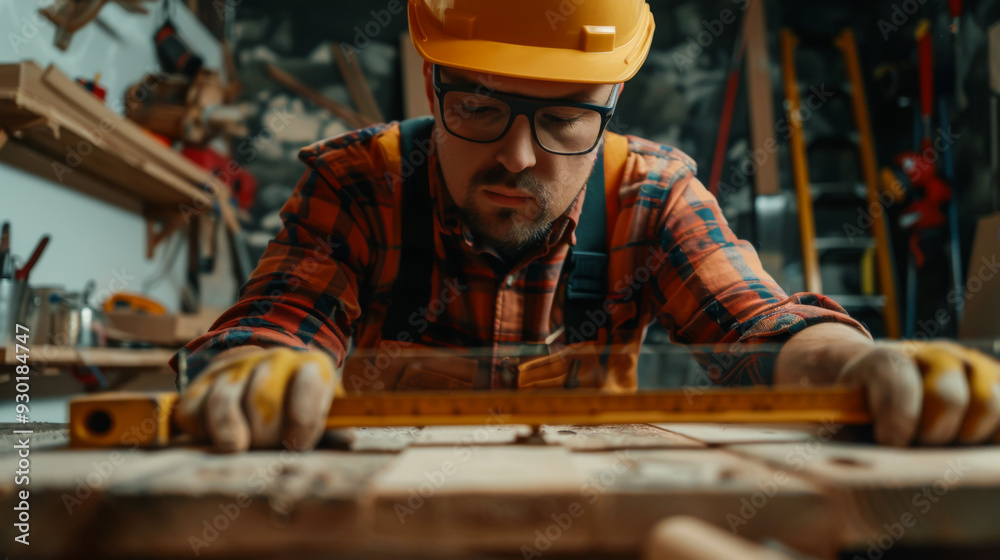 A male payer uses a level gauge while working in a woodworking workshop. A man carpenter in a yellow helmet and uniform works indoors. A male payer uses a level gauge while working in a woodworking workshop. A man carpenter in a yellow helmet and uniform works indoors.