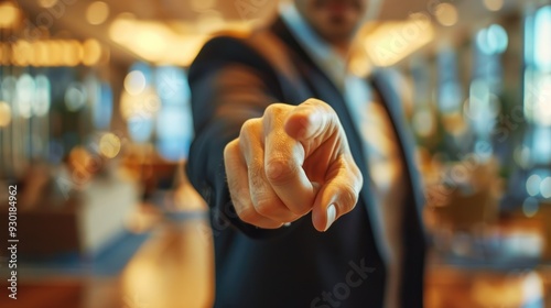 Index finger of businessman pointing during a talk (focus on, influential communication, dynamic, Overlay, Executive lounge)