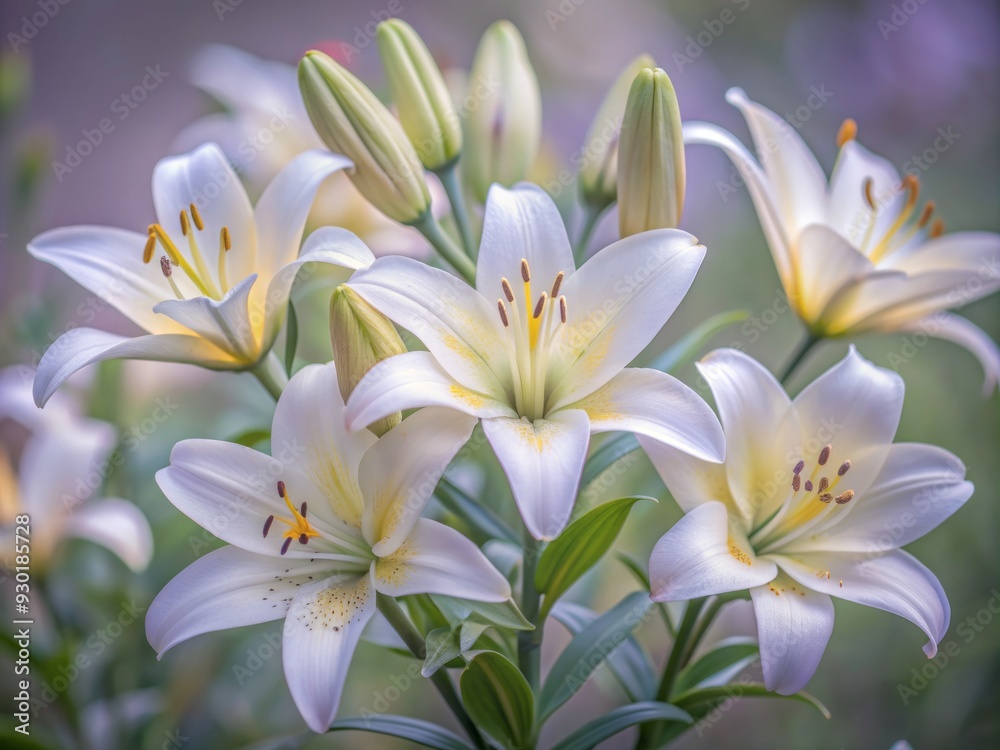 Delicate white lilies with yellow centers and buds sway gently against a soft focus background, exuding sophistication and serenity in this elegant botanical composition. Delicate white lilies with yellow centers and buds sway gently against a soft focus background, exuding sophistication and serenity in this elegant botanical composition.