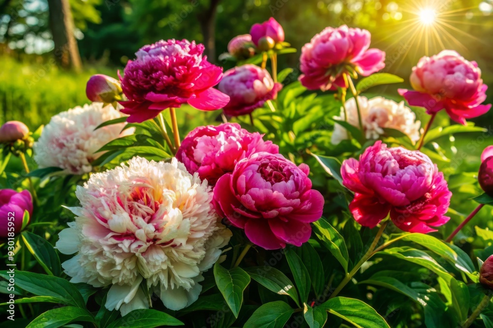Vibrant pink and white peonies bloom amidst lush green foliage, surrounded by delicate petals and soft sunlight, in a serene and idyllic garden setting. Vibrant pink and white peonies bloom amidst lush green foliage, surrounded by delicate petals and soft sunlight, in a serene and idyllic garden setting.