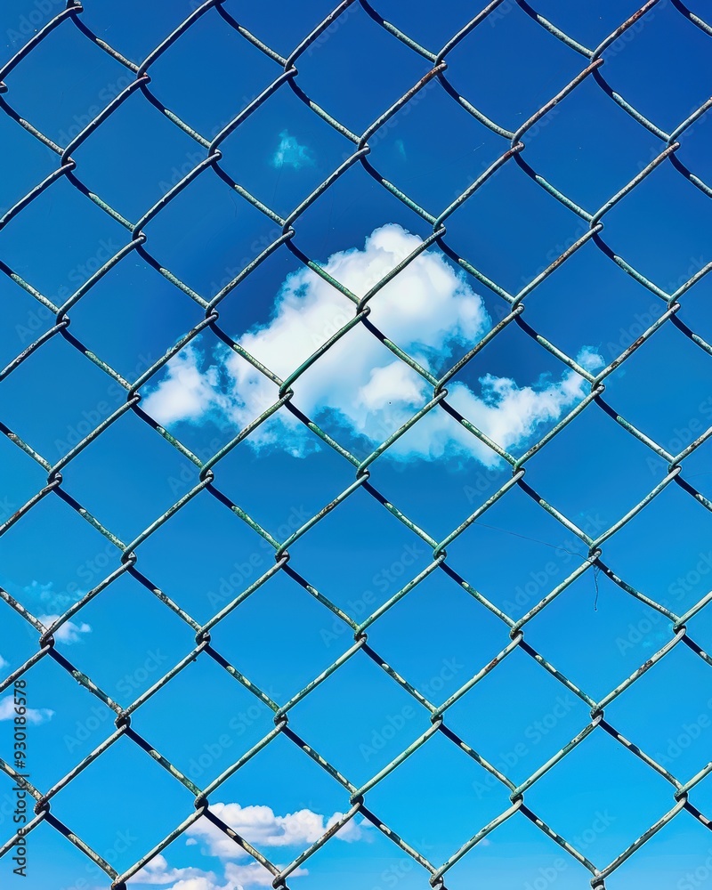 A glimpse of serenity through rusted fence under a bright sky A glimpse of serenity through rusted fence under a bright sky