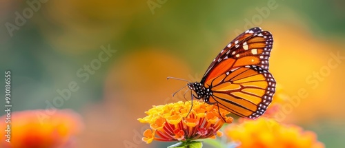  A tight shot of a butterfly atop a yellow-orange flower against blurred background blooms