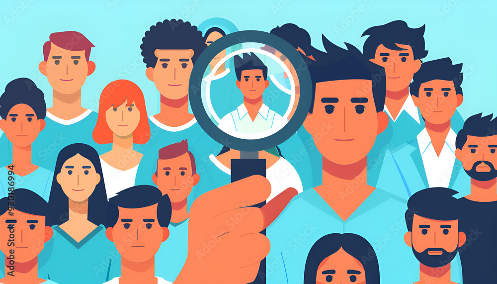 Businessman is studying a crowd of people with a magnifying glass. Hr search candidates for work, staff recruiting. Businessman is studying a crowd of people with a magnifying glass. Hr search candidates for work, staff recruiting.