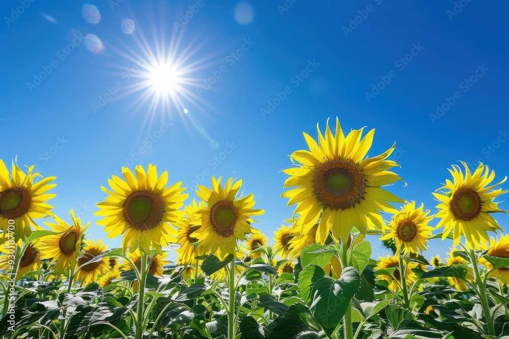 A field of sunflowers facing the sun, their bright yellow heads creating a sea of gold under a clear blue sky. A field of sunflowers facing the sun, their bright yellow heads creating a sea of gold under a clear blue sky.