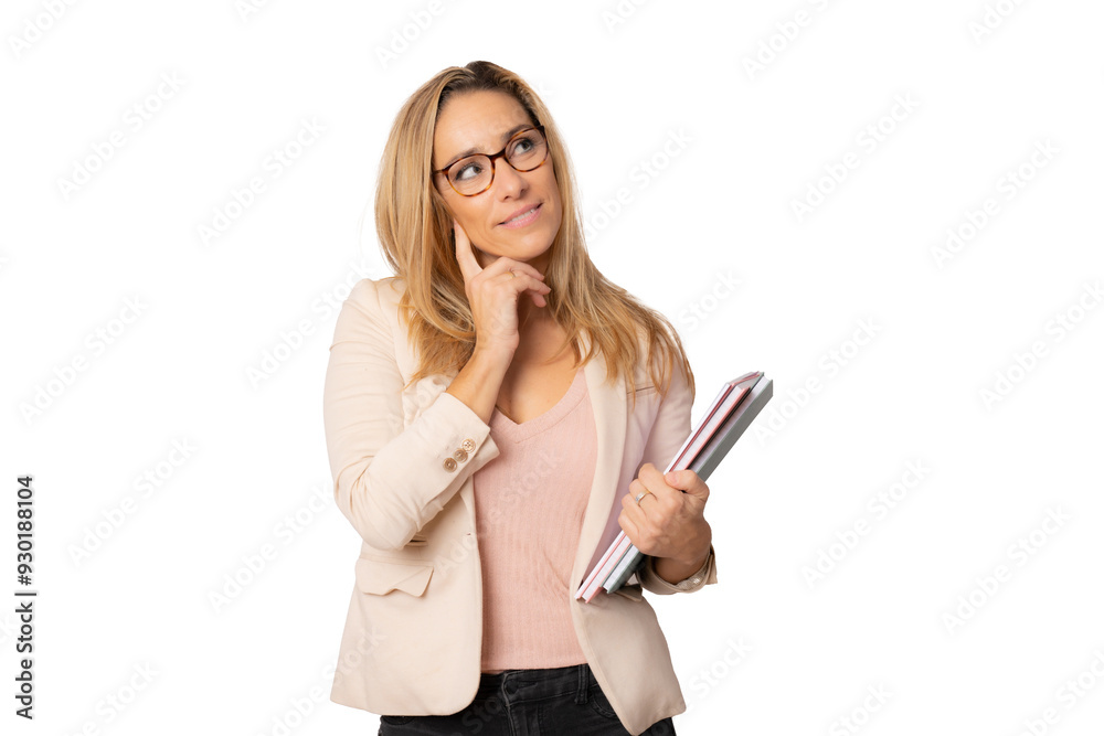 Pensive business woman isolated on transparent background studio. Achievement career wealth business concept. Hold notebooks, looking aside. Pensive business woman isolated on transparent background studio. Achievement career wealth business concept. Hold notebooks, looking aside.
