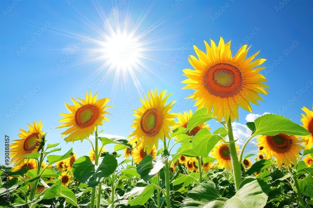 A field of sunflowers facing the sun, their bright yellow heads creating a sea of gold under a clear blue sky. A field of sunflowers facing the sun, their bright yellow heads creating a sea of gold under a clear blue sky.