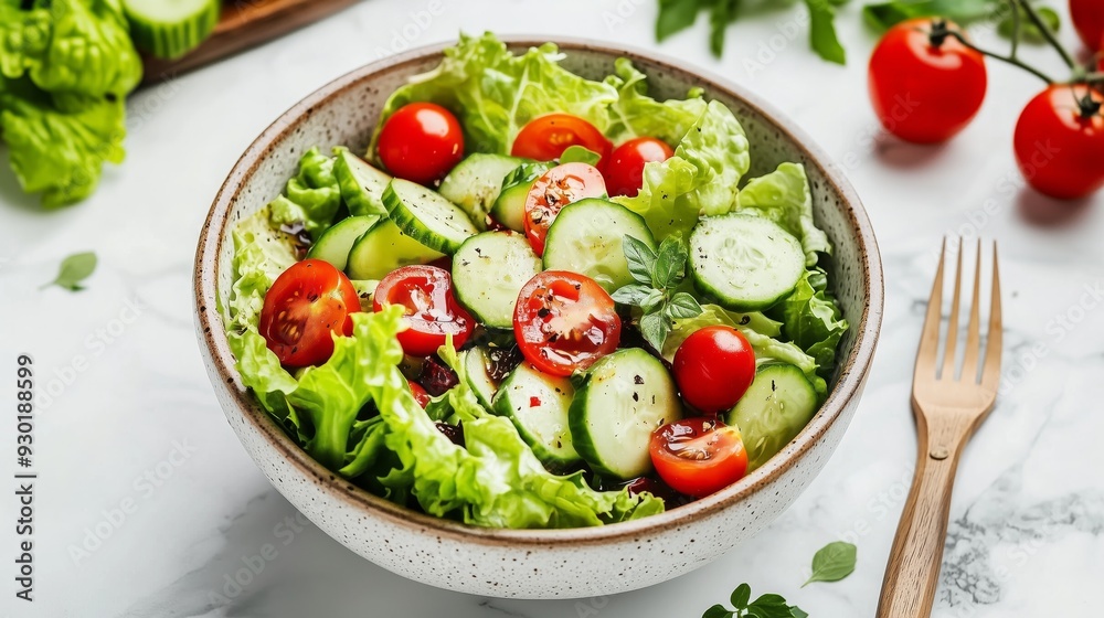 A vibrant salad with butterhead, tomatoes, cucumber, olive oil, and herbs awaits your enjoyment. A vibrant salad with butterhead, tomatoes, cucumber, olive oil, and herbs awaits your enjoyment.
