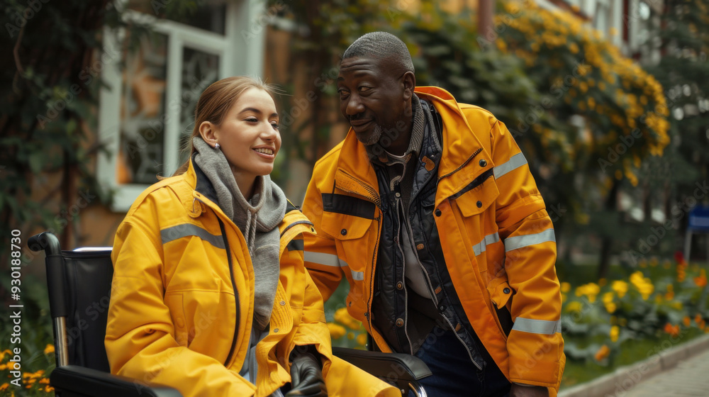 Accessibility and Assistance in Urban Setting. Young woman in a wheelchair and a smiling older african man in yellow reflective jackets. Inclusive Community, Support Services, Autumn. Generative ai Accessibility and Assistance in Urban Setting. Young woman in a wheelchair and a smiling older african man in yellow reflective jackets. Inclusive Community, Support Services, Autumn. Generative ai
