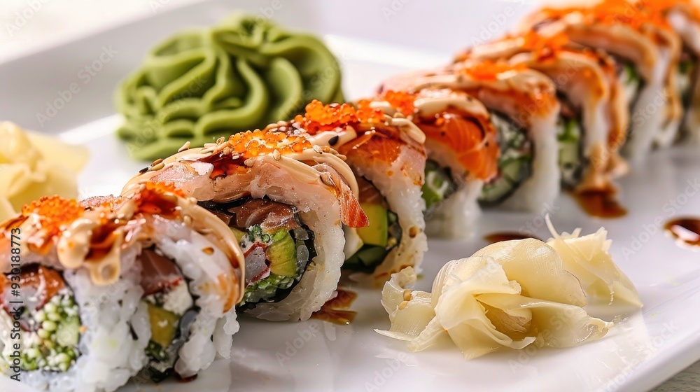 A vibrant assortment of fresh sushi rolls elegantly presented on a white plate, enticing diners with colors and flavors A vibrant assortment of fresh sushi rolls elegantly presented on a white plate, enticing diners with colors and flavors