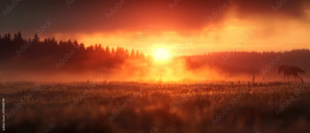 Obraz premium A horse grazes in a foggy field Sun sets behind forest of trees in the distance