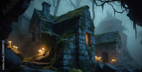 Detailed and realistic 4K wallpaper with an adventure theme featuring old buildings, wild plants and rocks against a backdrop of smoky forest mist with an eerie atmosphere at night