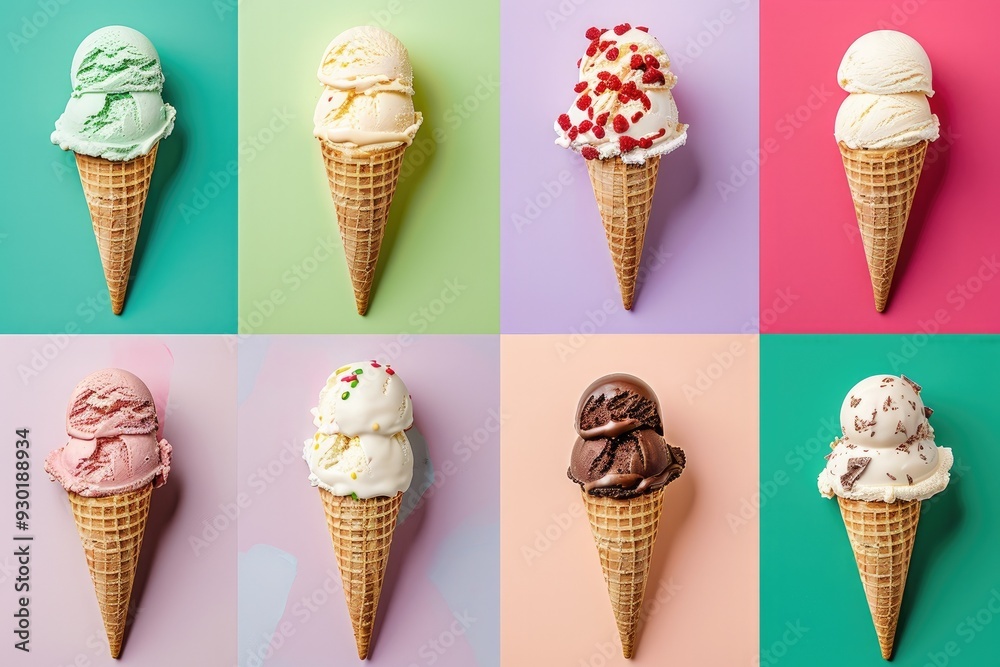 ice cream scoop on waffle cone Many assorted different flavour ice cream scoop on waffle cone Many assorted different flavour