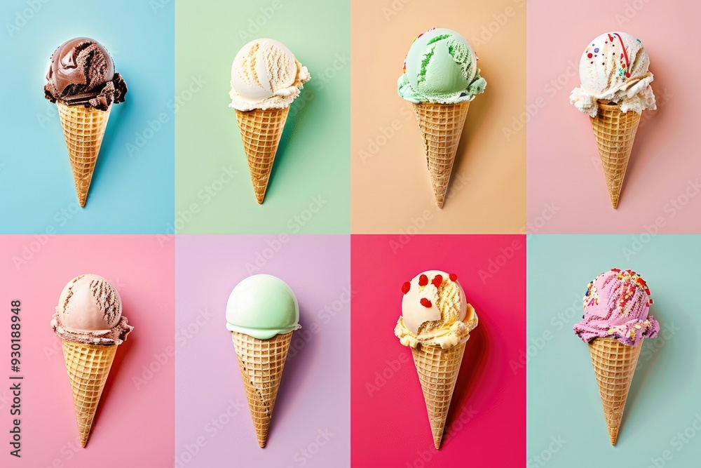 ice cream scoop on waffle cone Many assorted different flavour ice cream scoop on waffle cone Many assorted different flavour