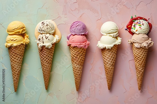 ice cream scoop on waffle cone Many assorted different flavour