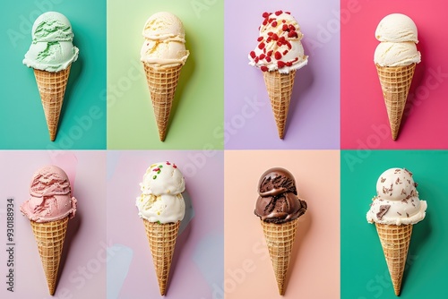 ice cream scoop on waffle cone Many assorted different flavour