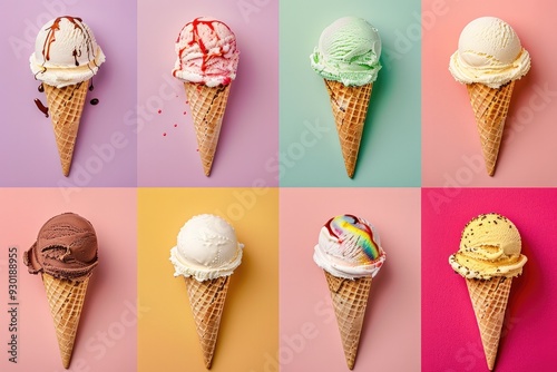 ice cream scoop on waffle cone Many assorted different flavour
