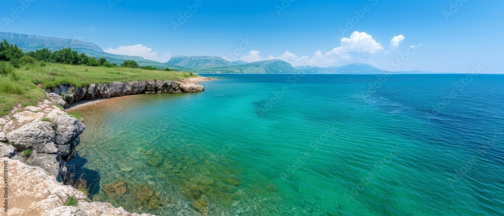 A large body of water nestled beside a lush, green hillside, its summit adorned with verdant grass A large body of water nestled beside a lush, green hillside, its summit adorned with verdant grass