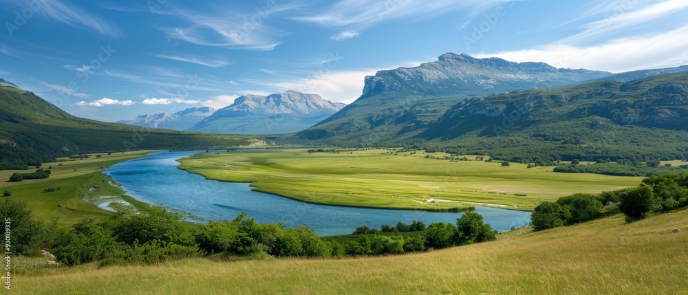 A scenic valley view with a river running through its center and mountain range backdrop A scenic valley view with a river running through its center and mountain range backdrop