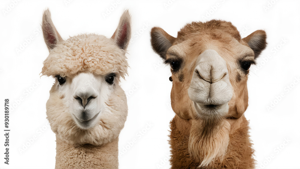 Obraz premium The face of an alpaca and a camel isolated on background
