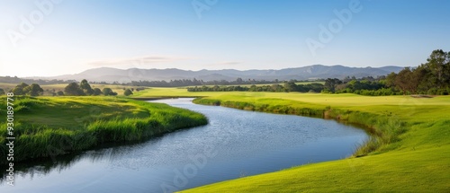  A river runs through a verdant field, bordering another identical one In the background, a golf course is situated