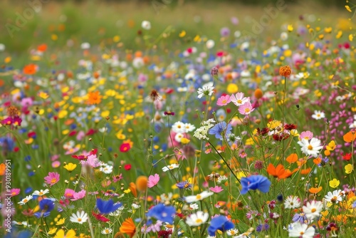 A field of wildflowers in full bloom, with a mix of colors and types creating a vibrant, natural tapestry