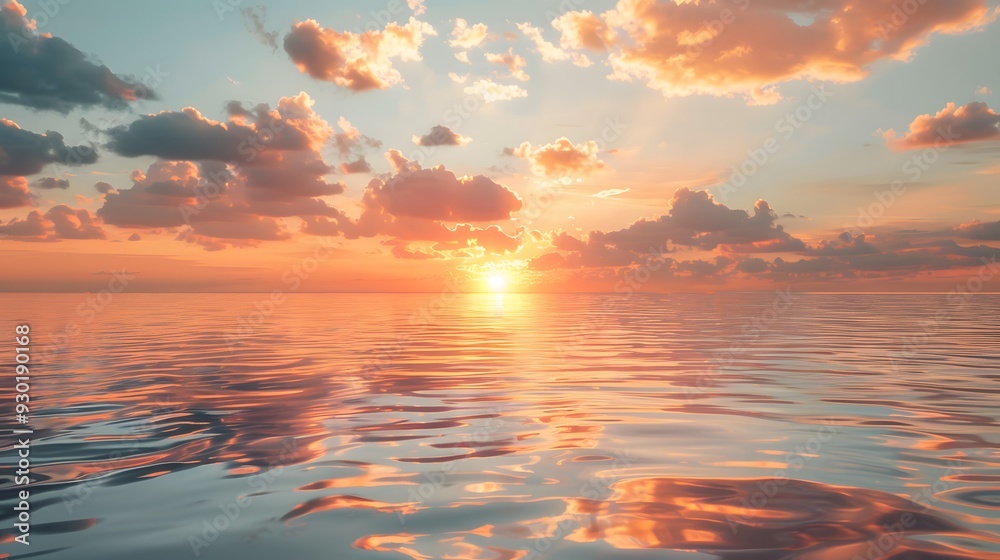 Fototapeta premium Title: Sandy sunrise serene beach gentle waves golden hour ocean landscape spectacular beach scene travel view background hues of orange pink purple